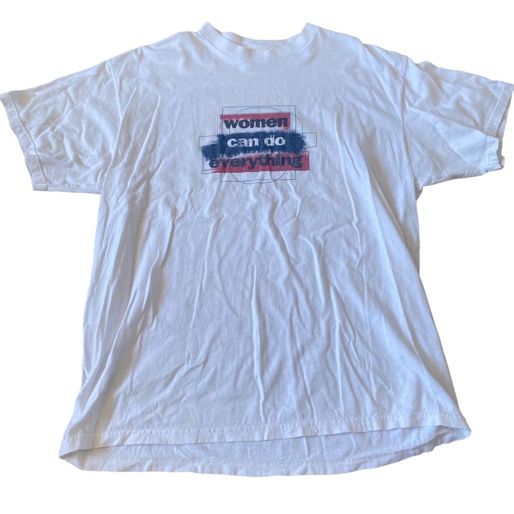 Vintage Nike 90s Swoosh Women Can Do Everything White Short Sleeve Shirt Men's L